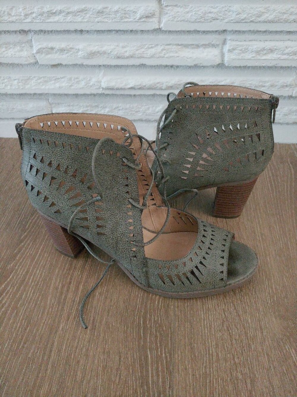 Maurices Carmen Olive Green Laser Cut Lace Up Heels